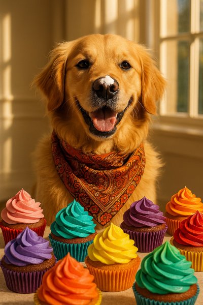 Золотистый ретривер и радуга сладостей: солнечное настроение. Нейросеть Sora Images