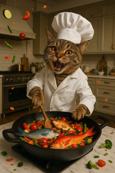 Коварный кулинар: кот-шеф и безумное блюдо из рыбы и овощей. Нейросеть Sora Images