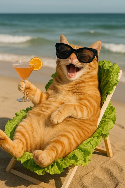 Забавный кот на пляже с коктейлем и очками. Изображение из нейронной сети Sora Ai Images