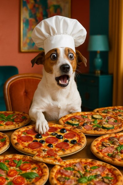 Собака-шеф и пицца: неожиданный ужин в ярком зале. Генерация из нейросети Sora Image