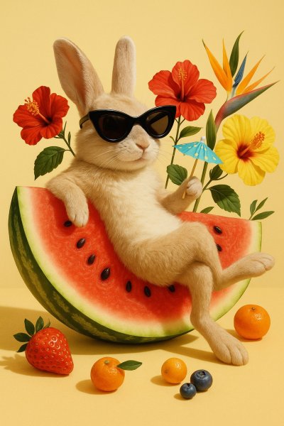 Забавный кролик на арбузе наслаждается летним днем. Генерация из нейросети Sora images Ai