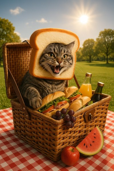 Забавный кот в костюме хлеба и пикничная корзина с угощениями. Генерация из нейронной сети Sora Image