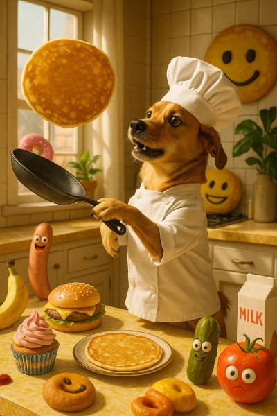 Весёлый пёс-повар и огромный блинчик в солнечной кухне. Изображение из нейронной сети Sora Images