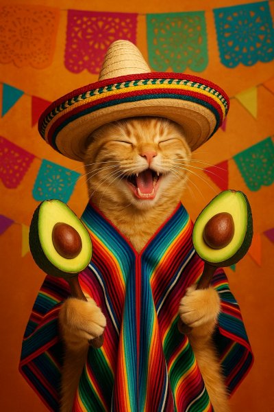 Веселый кот в сомбреро празднует день рождения. Изображение из нейронной сети Sora Ai Images