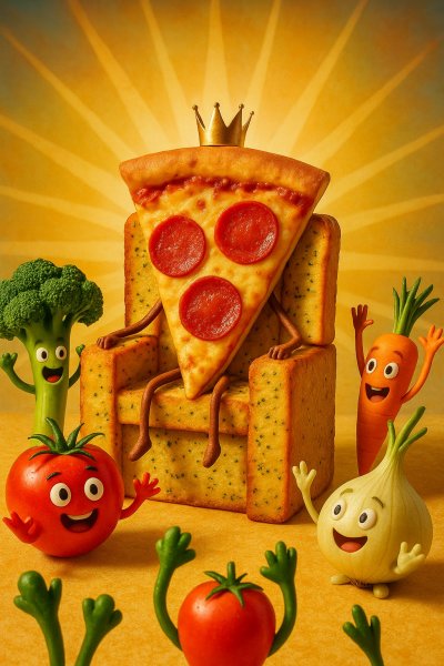 Пицца-король и овощные подданные: Весёлое торжество вкуса. Изображение из нейронной сети Sora images Ai