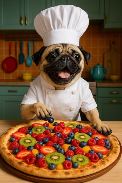Весёлый повар-пудель готовит фруктовую пиццу. Картинка из нейронной сети Sora