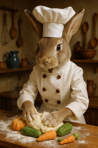 Забавный пекарь-кролик и овощное тесто в уютной кухне. Изображение из нейронной сети Sora Images