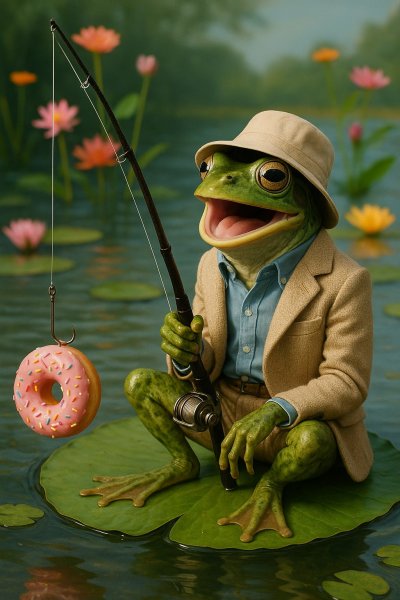 Забавный лягушонок-рыбак ловит пончики на пруду с цветами. Изображение из нейронной сети Sora images Ai