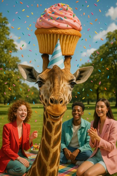 Забавная вечеринка жирафа с огромным кексом и веселыми друзьями на природе. Генерация из нейронной сети Sora