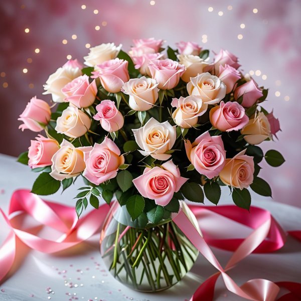 Нежная романтика: букет роз в пастельных тонах и мерцающий фон. Изображение из нейросети Стейбл Дифьюжн