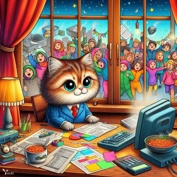 Кошка-бухгалтер: абсурдный комикс в акварели. Генерация из нейронной сети Dalle 3