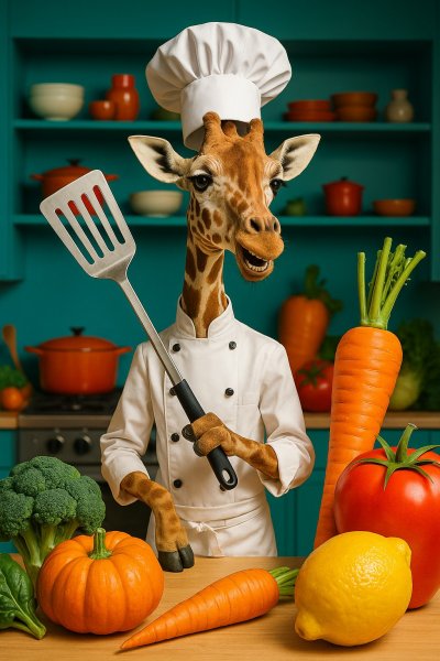 Весёлый жираф-шеф в кулинарном безумии: яркий и забавный мир гигантских продуктов. Изображение из нейронной сети Sora