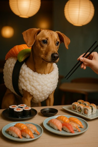 Забавный пёс в костюме суши за обеденным столом. Картинка из нейронной сети Sora