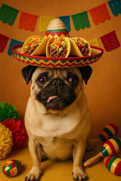 Весёлый пёс с тако: праздник и смех в ярких красках. Картинка из нейронной сети Sora images Ai