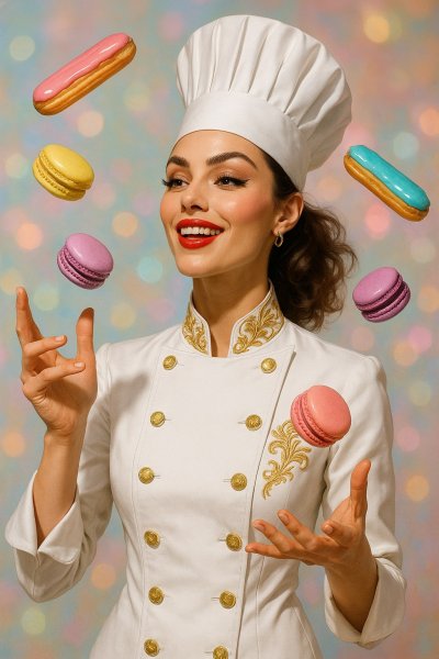 Шеф-повар и сладкоежки: праздник вкуса и элегантности в ярких тонах. Изображение из нейронной сети Sora