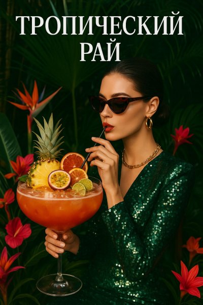Ода тропическому раю: стиль, роскошь и экзотические коктейли. Изображение из нейронной сети Sora Image