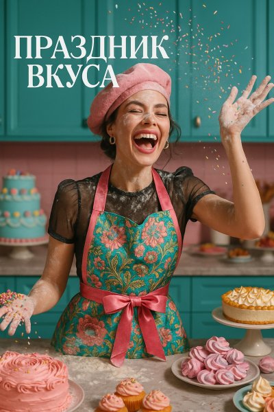 Весёлый кондитер и радужный взрыв сладостей в яркой кухне. Изображение из нейросети Sora