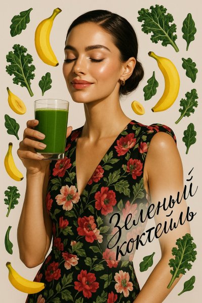 Зелёный коктейль и красота: энергия свежести в каждом глотке. Изображение из нейросети Sora Images