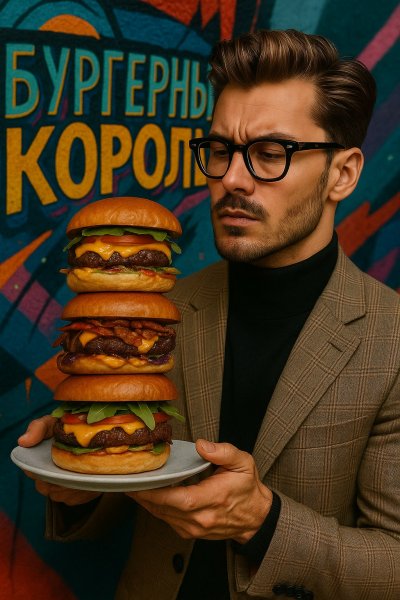Стильный мужчина и гора бургеров на фоне граффити. Нейросеть Sora