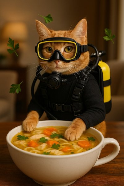 Кот-дайвер наслаждается ароматным куриным супом. Картинка из нейронной сети Sora