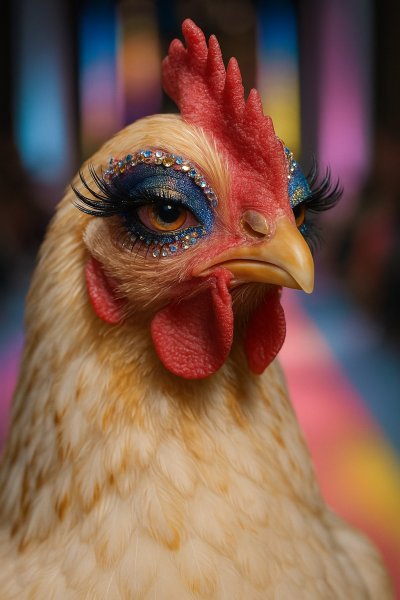 Модная курица в гламурном образе с ярким макияжем и блестящими украшениями. Картинка из нейросети Sora