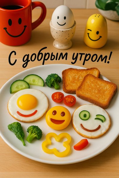 Весёлый завтрак: яйцо-смайл и яркие краски утра для отличного настроения. Нейронная сеть Sora