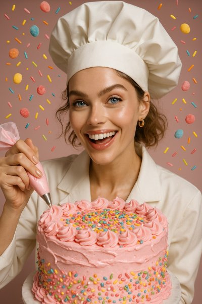 Весёлый кондитер и розовый торт с конфетти. Нейросеть Sora