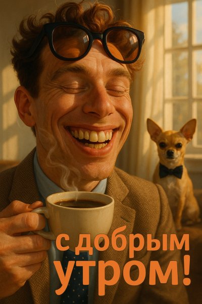 Утро с кофе и улыбкой: теплая атмосфера радости и маленького друга. Генерация из нейросети Sora Ai Images