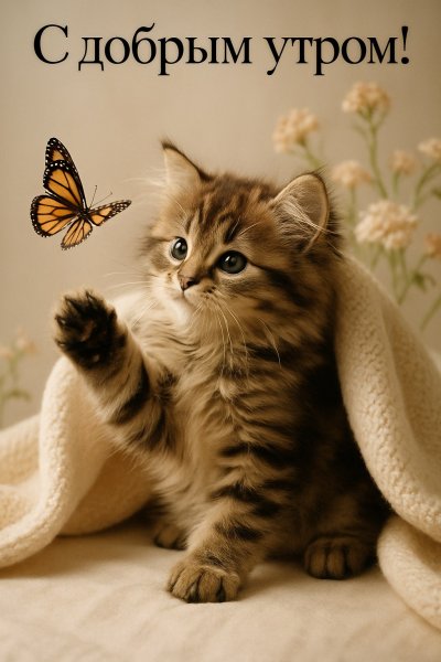 Утреннее пробуждение котенка в объятиях тепла и нежности. Картинка из нейросети Sora