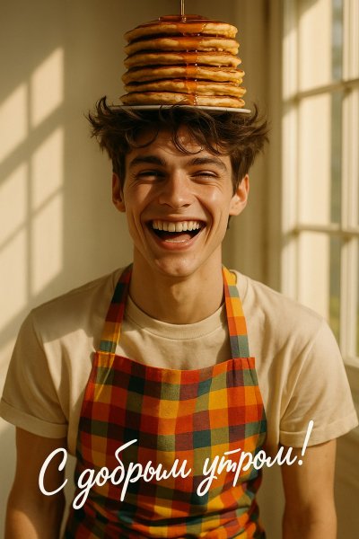Весёлое утро с аппетитными блинчиками и широкой улыбкой. Картинка из нейронной сети Sora