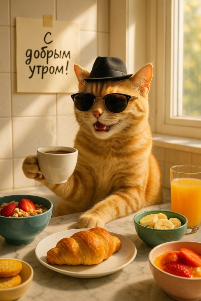 Утренний кот в шляпе и очках пьет кофе на кухне. Картинка из нейронной сети Sora Ai Images