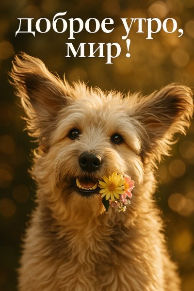 Милый пес с цветами и солнечным настроением. Картинка из нейронной сети Sora Image