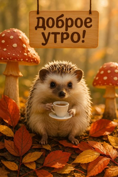 Уютное утро ёжика с чаем и осенним настроением. Картинка из нейронной сети Sora Images