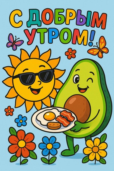 Солнечное утро с авокадо и цветами: яркое начало дня. Картинка из нейросети Sora