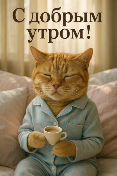 Уютное утро кота в пижаме с кофе и добрыми словами. Картинка из нейронной сети Sora Image