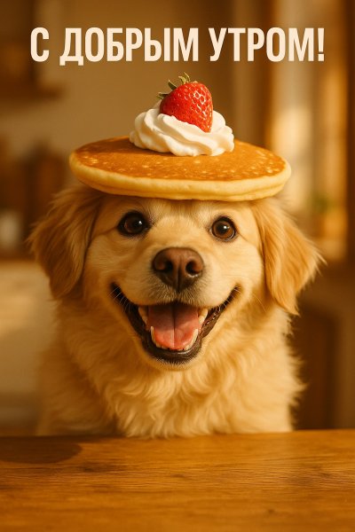 Собака в шапке из блина: утреннее настроение и сладкое угощение. Изображение из нейронной сети Sora Image