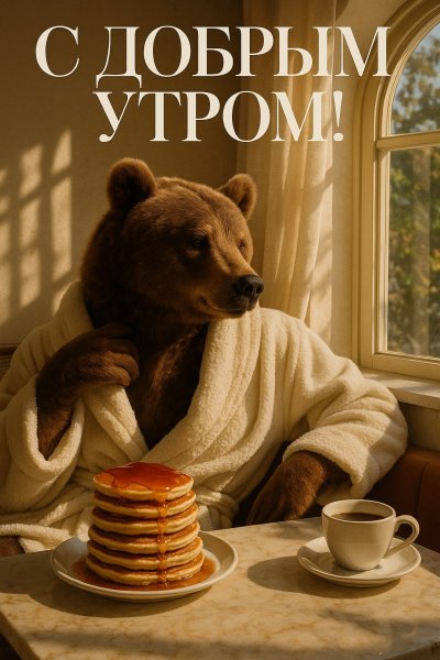 Медвежья нежность: уютное утро с блинчиками и солнцем. Генерация из нейросети Sora Ai Images
