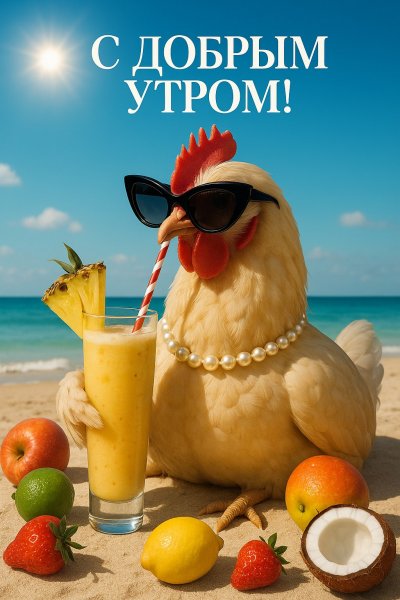 Курица на пляже наслаждается солнцем и фруктами. Генерация из нейронной сети Sora images Ai