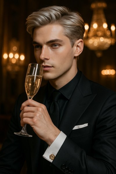 Элегантный мужчина в черном смокинге с бокалом шампанского в роскошной обстановке. Генерация из нейронной сети Sora Image