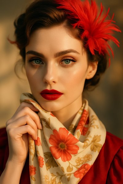Изысканный образ с перышками и алыми губами. Генерация из нейронной сети Sora