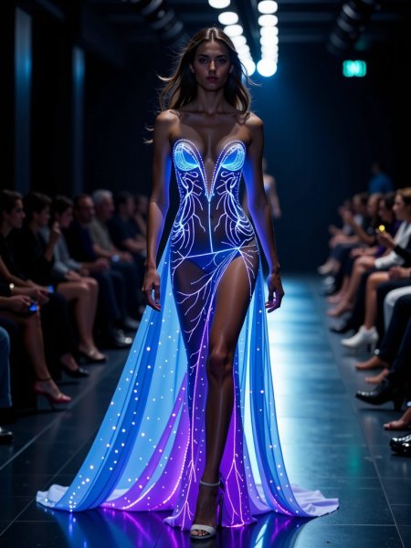 Сияющее платье будущего: биолюминесцентная элегантность на подиуме. Картинка из нейронной сети Flux