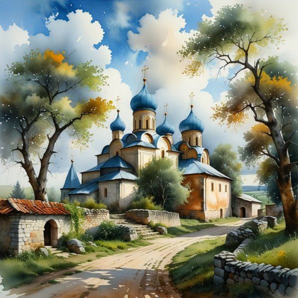 Русская деревня в стиле Степана Колесникова: старый монастырь и объятия природы. Картинка из нейросети Stable Diffusion