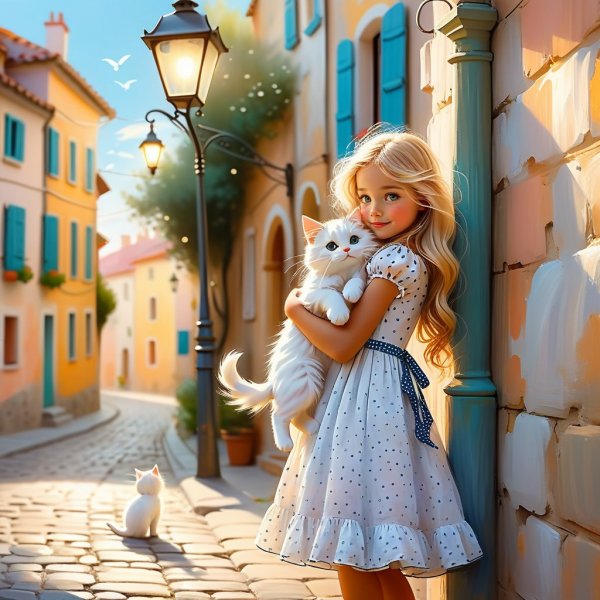 Милая девочка и пушистый кот в объятиях на тихой улице. Генерация из нейронной сети Стейбл Дифьюжн