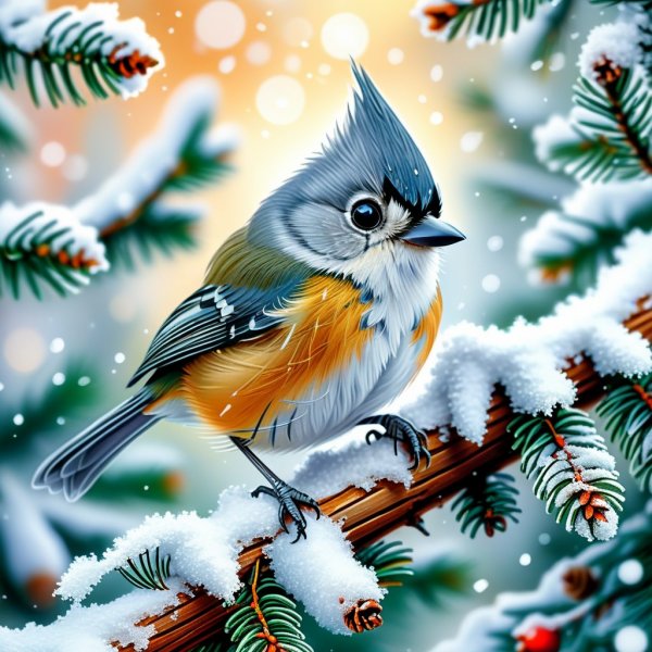 Первый снег и очаровательный синичка в шапочке: сказочная иллюстрация в стиле Сутеева и Румянцева. Нейросеть Stable Diffusion