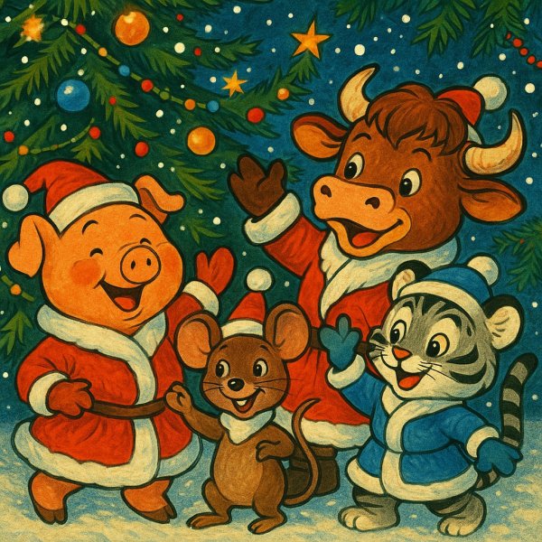 Новогоднее приключение зверей в духе советской мультипликации. Генерация из нейросети Sora