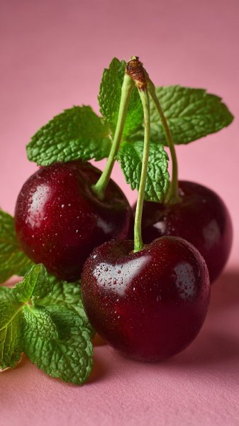 Вишня и мята: фотореалистичный натюрморт в розовых тонах. Генерация из нейросети Midjourney