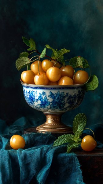 Сочные желтые вишни в миске с мятой: фотореалистичная композиция. Изображение из нейросети Midjourney
