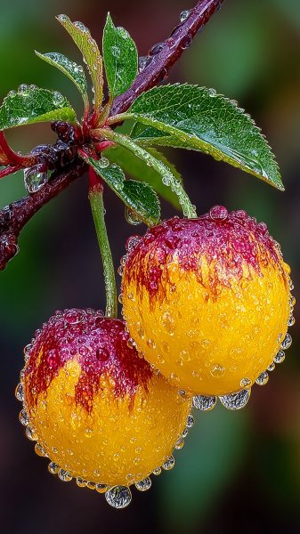 Сочные желтые вишни крупным планом с капельками воды и зеленью. Нейронная сеть Midjourney