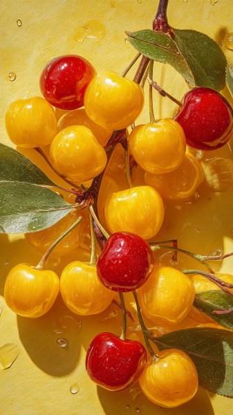 Сочные желтые вишни в макросъемке на ярком фоне. Картинка из нейронной сети Midjourney