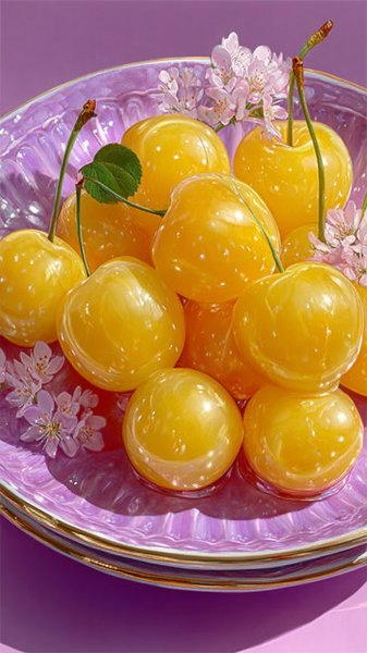 Сочные желтые вишни на пастельной тарелке — элегантная композиция. Картинка из нейронной сети Midjourney